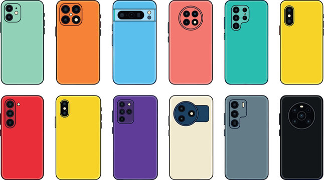 Colorful Smartphone Back Cover and Camera Module Icon Set with Modern Mobile Phone Designs for Tech Reviews, E-Commerce Shops, and Gadget Mockup GraphicsColorful Smartphone Back Cover and Camera Modul