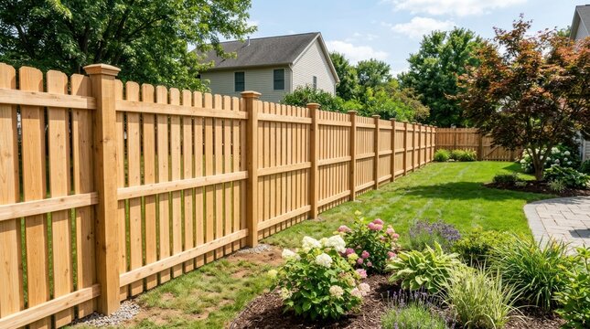 A wooden fence with a green lawn and a house in the background.