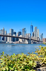 Fototapeta premium Brooklyn Bridge and Lower Manhattan skyline framed by green foliage with white motorboat on East River, Brooklyn Bridge Park, NYC, USA