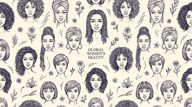 Seamless pattern showcasing a diverse collection of beautiful female faces representing global inclusivity, portraits of various women in a vibrant artistic background composition.