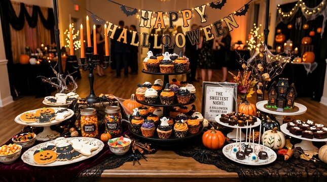 Festive halloween dessert table setup with cupcakes cookies and candy