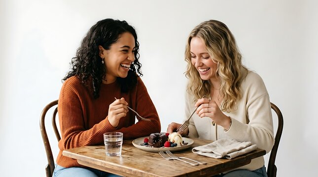 Two women sitting at a table eating dessert and laughing together in a friendly atmosphere with a plate of cake and fruit