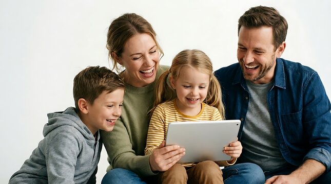 A family of four sitting together looking at a tablet and smiling while sitting on a white background