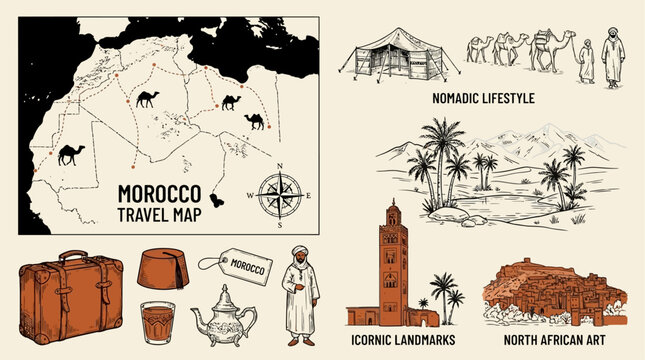 Minimalist Ink Sketch of a Traditional Morocco Map Illustrating Nomadic Life and Desert Landscapes Across North Africa for Travel Adventure and Cultural Heritage Exploration