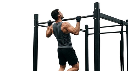 Fototapeta premium A muscular man performing a pullup on a black outdoor gym equipment with a white background