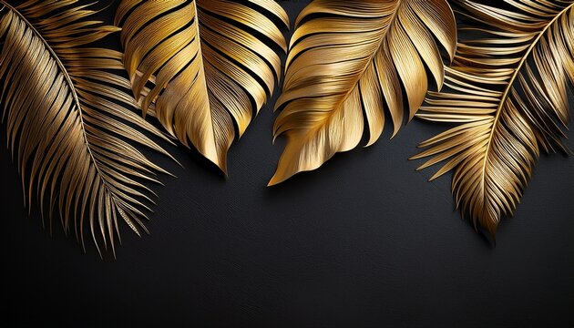Gold Painted Tropical Leaves On Black Plain Paper Background