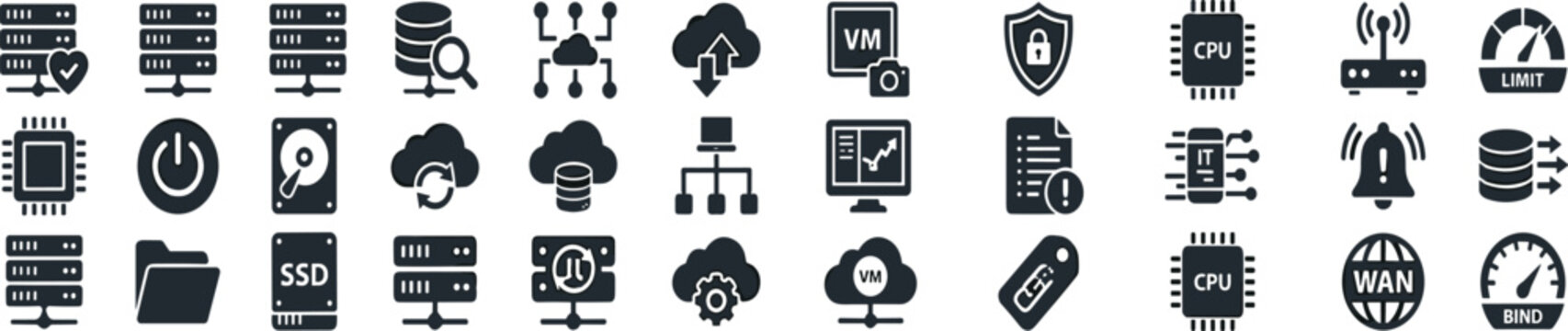 Cloud database server hardware and network optimization icon set with virtualization security storage cpu processing infrastructure technology symbols for corporate information system designs