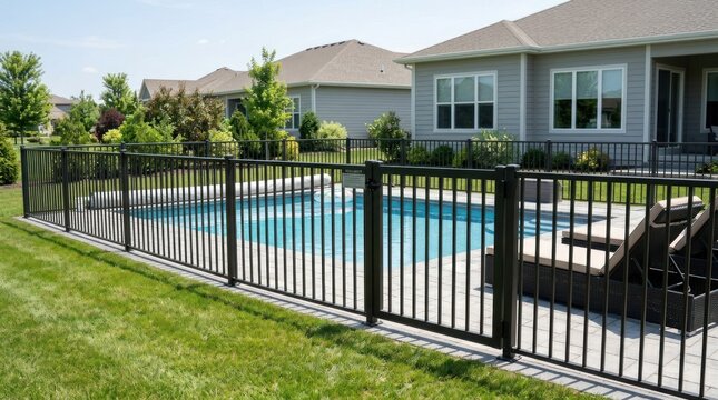 A residential backyard with a pool, a house, and a lawn.
