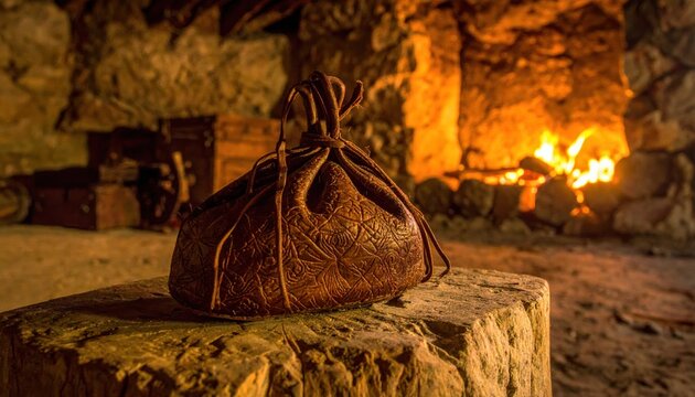 Intricately patterned dried leather pouch with sinew tie resting on a rough hewn stone surface with warm firelight background