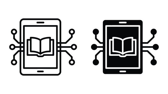 Digital tablet icon with integrated circuit board lines and open book on screen for e-learning and mobile education concepts in clean flat vector style for educational technology websites