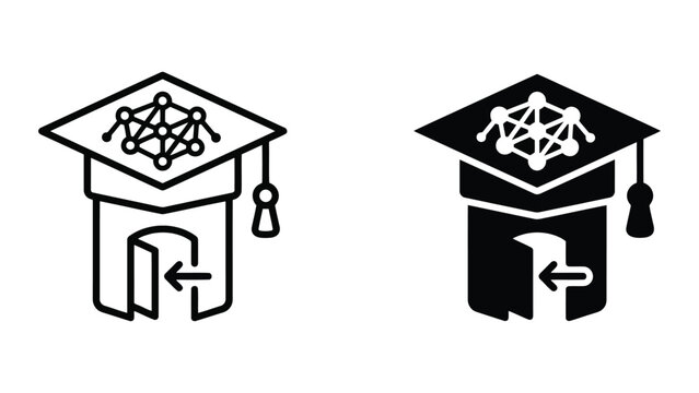 Academic graduation cap with neural network node structure icon showing digital education concept in minimalist linear and solid black vector style designs for modern educational technology branding