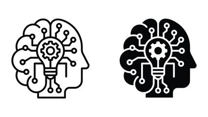 Obraz premium Human head profile silhouette containing neural brain network and central gear cog icon representing cognitive processing and intelligent learning in professional vector art design