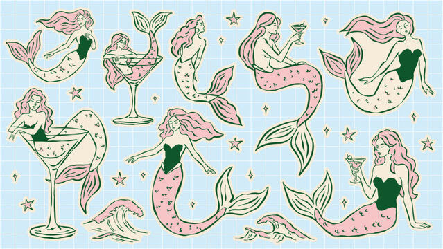 Mermaid vector illustration set, ink drawing sketch style. Hand drawn ocean art, vintage nautical line art, marine fantasy clipart, sea life vector graphics for print, web, branding