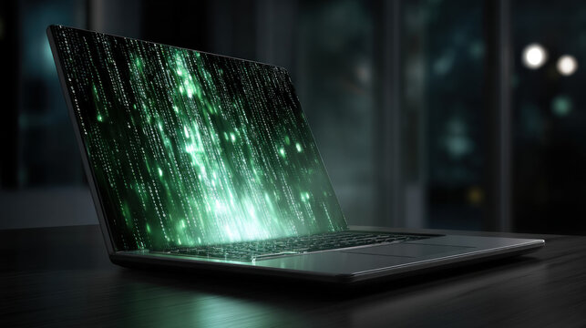 Glowing hologram of AI code being projected from laptop. Automation of generation and training of artificial intelligence technology machines, AI.
