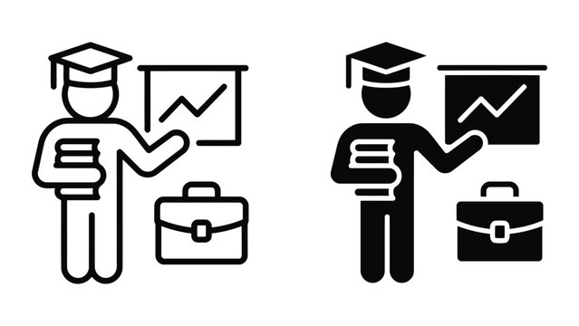 Student with books and presentation board icon set for educational growth and business training concepts in modern vector style for school websites and professional seminar marketing materials