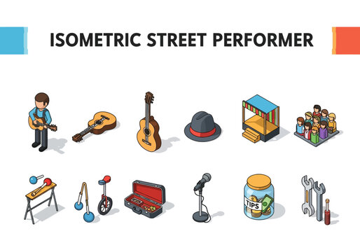 Isometric collection of twelve street performer icons including musicians props audience and tip jars