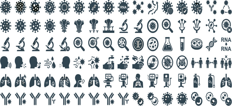 Virology science and coronavirus medical icon set with virus mutations laboratory research transmission methods lungs antibodies medical equipment symbols for healthcare educational infographics