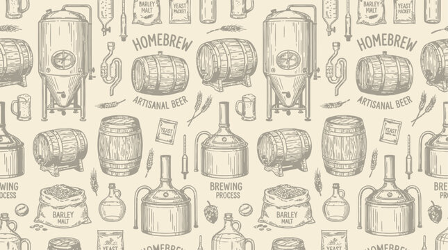 Seamless pattern of craft brewing equipment featuring fermentation tank, steel keg, glass bottle, and hop icons for artisanal homebrew beer making supply and microbrewery industry design.