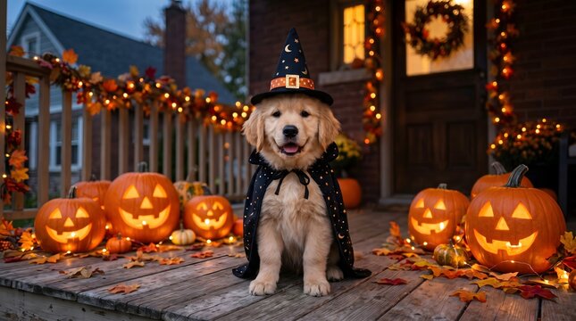 Golden retriever puppy in witch costume for halloween with jack o' lanterns