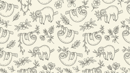 Naklejka premium Adorable Cute Sloth Hanging From Branch Minimal Vector Line Art Monoline Clean Design Modern Isolated Illustration For Creative Projects