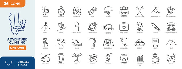 Adventure Climbing line editable icon set. Containing Climbing, Hiking, mountaineering, outdoor sport, trekking, safety equipment, exploration travel, and more. Editable stroke. Vector illustration © Cetacons