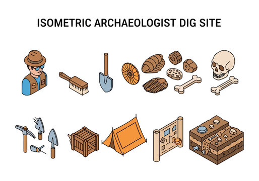 Isometric illustration set of archaeological tools fossils and an excavation site