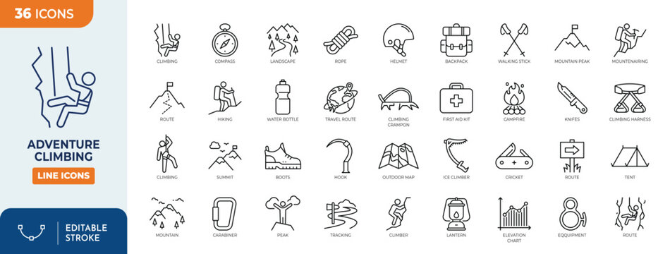 Adventure Climbing line editable icon set. Containing Climbing, Hiking, mountaineering, outdoor sport, trekking, safety equipment, exploration travel, and more. Editable stroke. Vector illustration