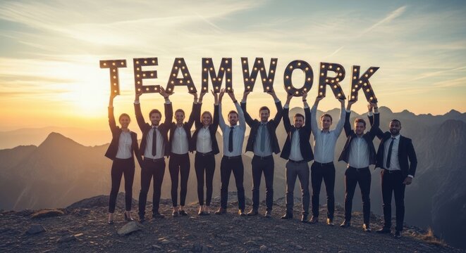 Diverse group of professionals holding up the word TEAMWORK on a mountain peak at sunset.