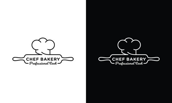 Chef Bakery Logo Design Rolling Pin and Chef Hat Illustration.