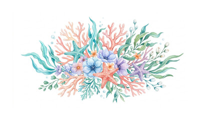 Watercolor Underwater Floral Bouquet with Corals and Starfish Hand Drawn Marine Illustration © Sagor