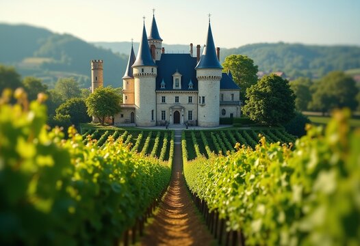 Elegant French Chateau with Conical Towers Surrounded by Lush Vineyards
