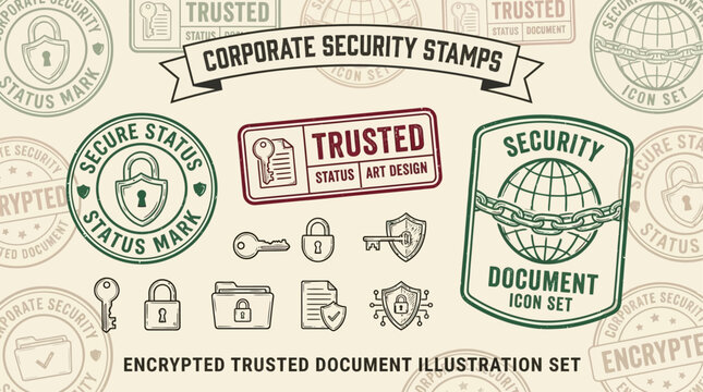 Corporate security stamp pattern featuring encrypted trusted document symbols, professional business illustration for data protection and confidential digital verification concept.