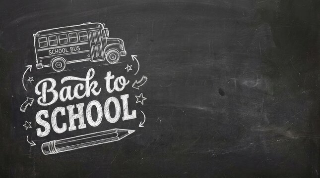 Back to school illustration with chalkboard background and school bus