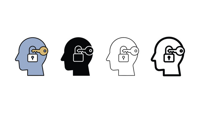 Four heads with locks and keys on white background