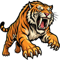 Obraz premium A roaring tiger attacks fiercely in a savannah environment with its prey.