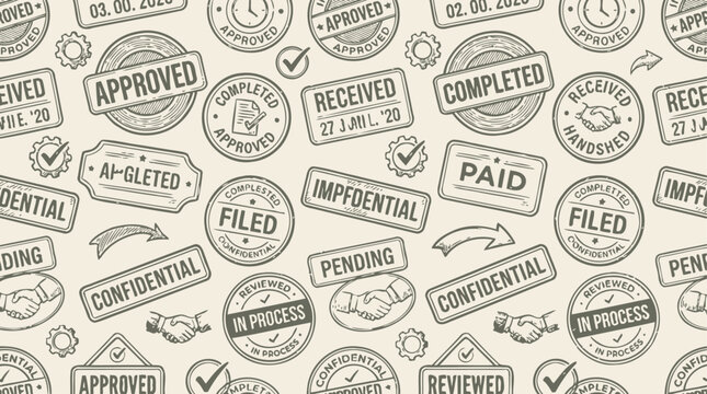 Seamless pattern of blue business process rubber stamps including words like administration, corporate workflow, approved, and professional management symbols for office documentation design.