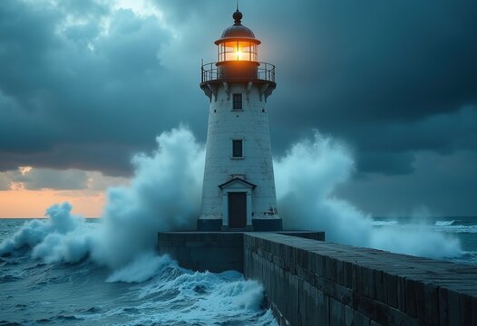 Historic Lighthouse Battling Stormy Seas on Rugged Coastline Resilient Structure Windswept Waves