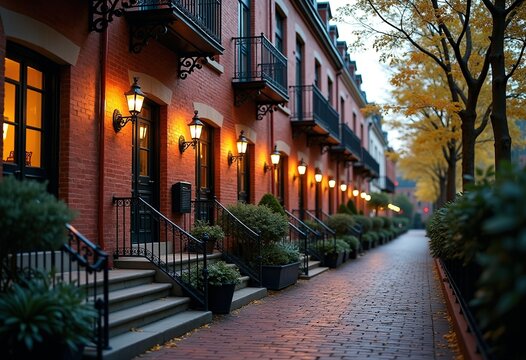 Historic Red Brick Townhouse with Ornamental Iron Railings in Charming Urban District