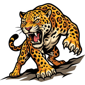 A snarling leopard attacks fiercely on a rock outdoors in daylight.
