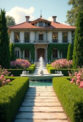 Obraz premium Opulent Mansion Elegant Fountain Inviting Garden Visuals Lush Greenery Pristine Pathways Tranquil Atmosphere