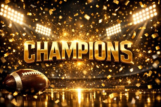 Golden champions text with american football and confetti celebration
