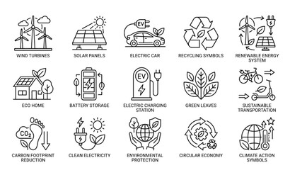 Obraz premium Black and White Green Energy Outline Icon Set with Renewable Sustainability Symbols