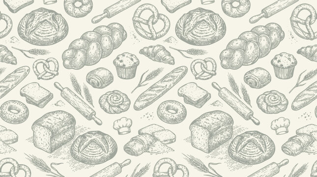 Artisan bakery seamless pattern with hand drawn fresh bread loaf flaky croissant and sweet pastry for a delicious morning breakfast menu background and graphic wallpaper design
