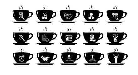 Fototapeta premium Business and career themed coffee cups with icons related to job search hiring and onboarding for professional development themes