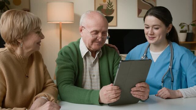 Senior man and senior woman sitting with young female nurse, using tablet and discussing medical treatment. Video for promoting senior care services and digital health apps