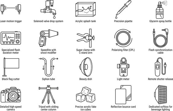Liquid Splash Setup and High-Speed Camera Minimalist Line Icons