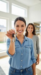 Obraz premium Happy woman holding up new house keys wearing denim shirt. Another woman stands behind her in a bright modern interior.