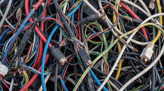 Heap of tangled electric wires and cables, electronic waste and recycling macro close-up, industrial detail, technology background