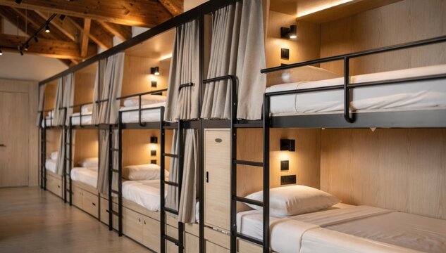 Focused view on femaleonly loft hostel dorm bunks with soft lighting personal storage lockers and a stylish minimalistic design highlighting wood and metal elements.