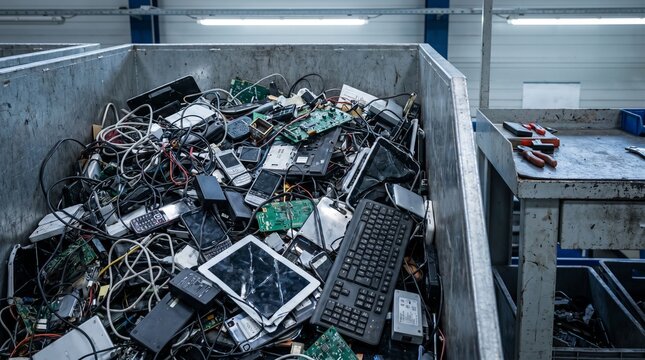 Electronic waste bin filled with old devices, recycling and disposal of e-waste macro close-up, industrial detail, technology background